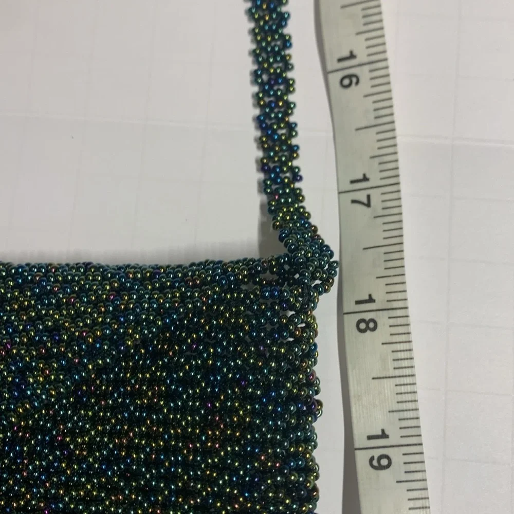 crossbody handbag BEADED hand crafted green With blue purple beads 5.5 x 7” NWOT
